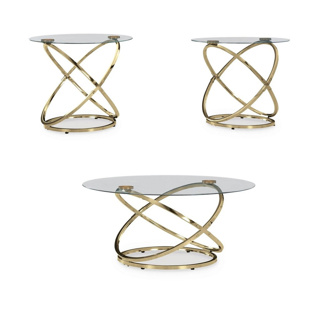 Moti 3pc Coffee Table & 2 End Table Set | Glass Top | Champagne Gold