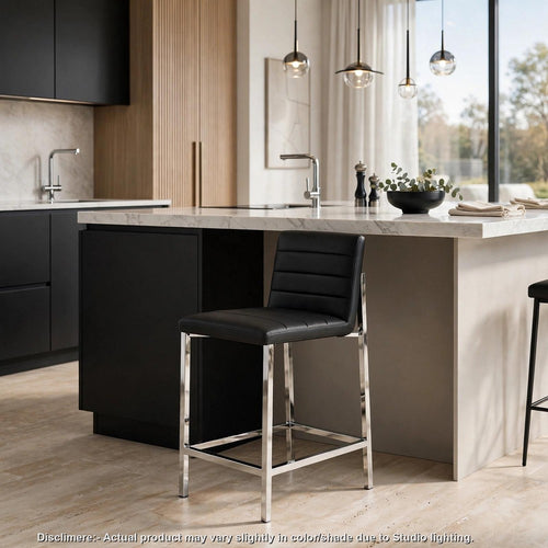 Eun Counter-Height Stool Chair with Chrome Steel Legs | Black Faux Leather