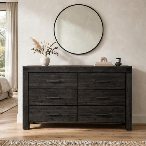 Pim Wide Dresser with 6 Drawers | Solid Acacia Wood | Graphite Gray