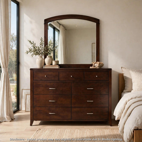 Kyle Wide Dresser with 9 Drawers | Brown Cherry-Mahogany Wood