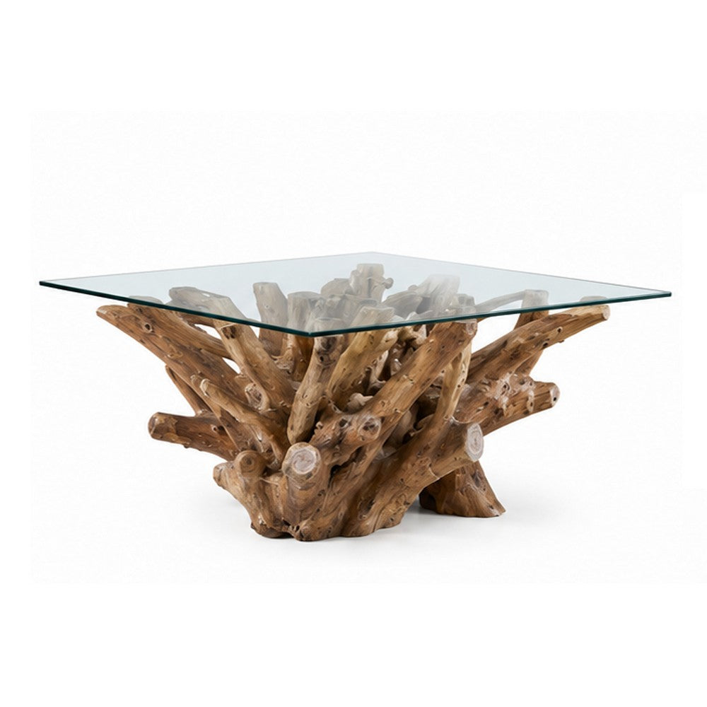 Bruce Coffee Table | 50" Tempered Glass Top | Teak Root Base | Brown