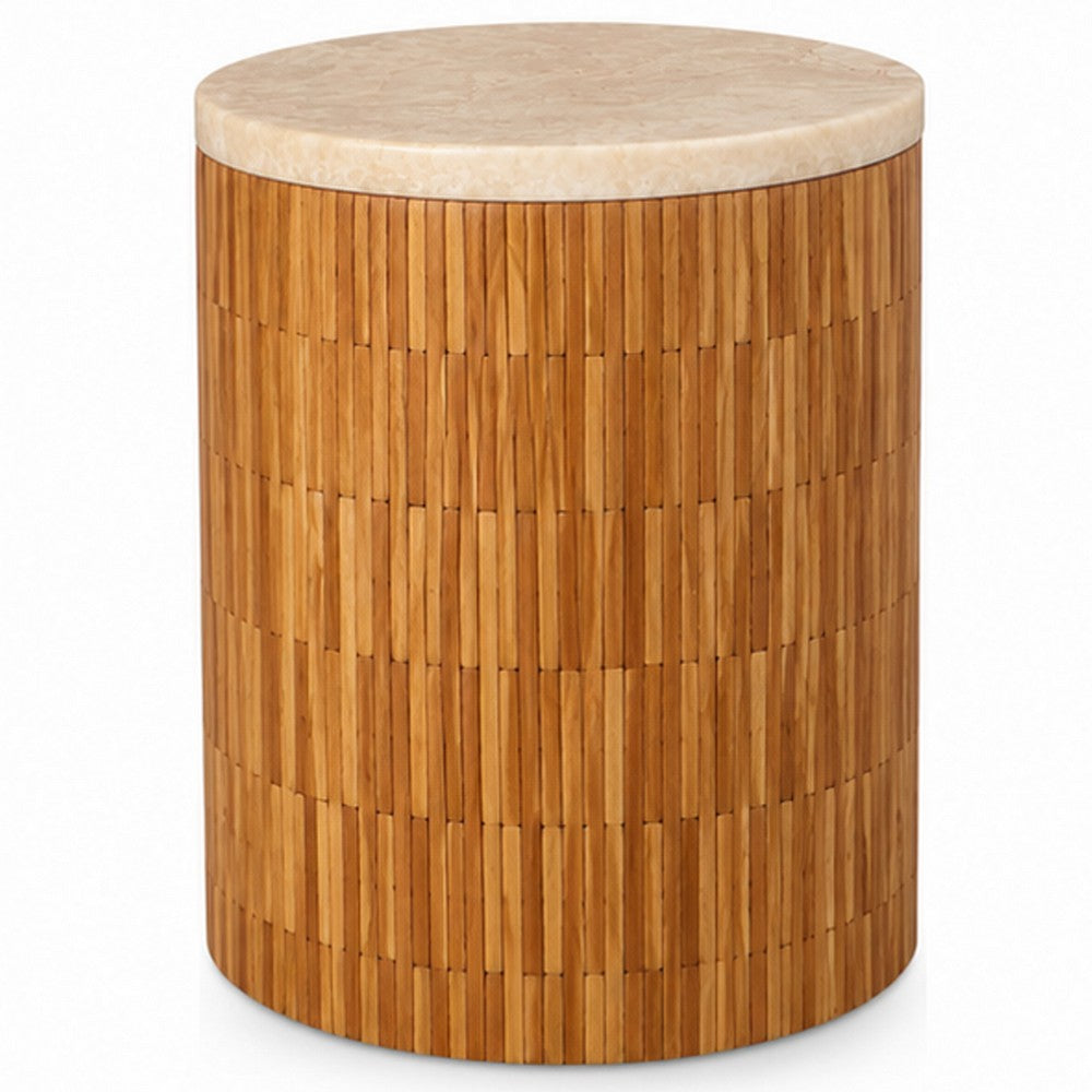 Bruce End Table | Round Onyx Stone Top | Solid Teak Wood Tile Base 22"
