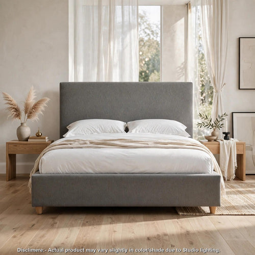 Azin Queen Upholstered Platform Bed | Turned Legs | Pewter Gray Fabric