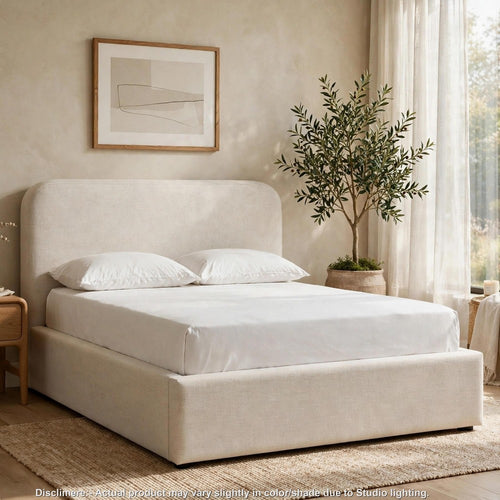 Ziya King Platform Bed with Curved Headboard | Beige Linen-Polyester