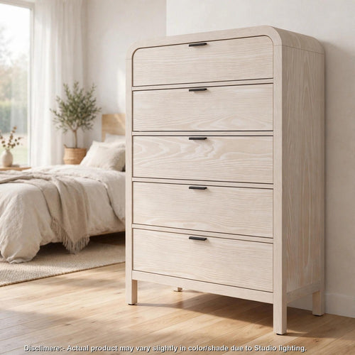 Danny Tall Dresser Chest with 5 Drawers | Black Metal | Off-White Wood