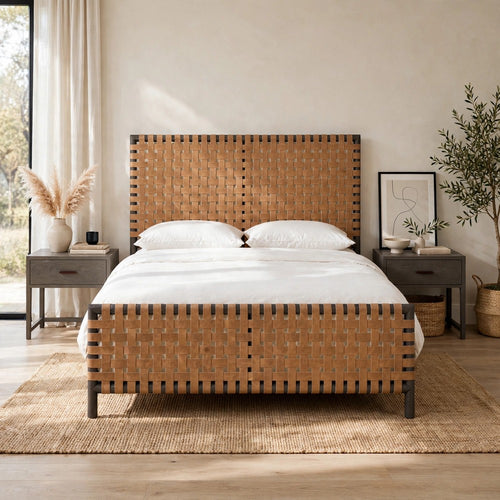 Francis Queen Panel Bed | Ginger Woven Faux Leather | Basalt Gray Wood