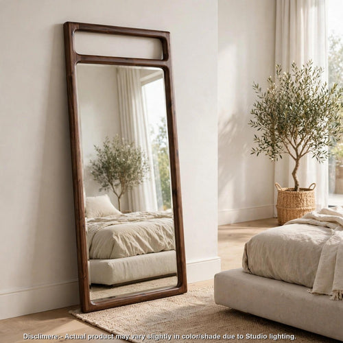 Sally Floor Mirror with Beveled Glass | Rounded Edge | Brown Acacia Wood 28x66