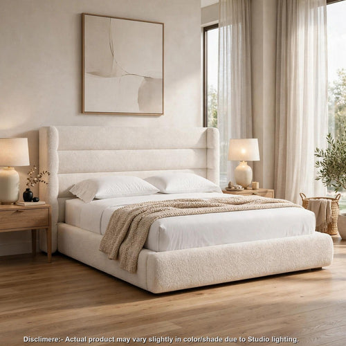 Orion King Platform Bed with Wingback Headboard | Ivory Boucle Fabric