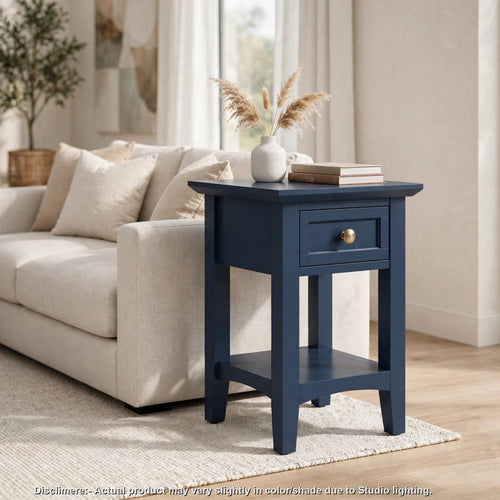Gemma Square Drink Table | Drawer & Lower Shelf | Blue Mahogany Wood 22"