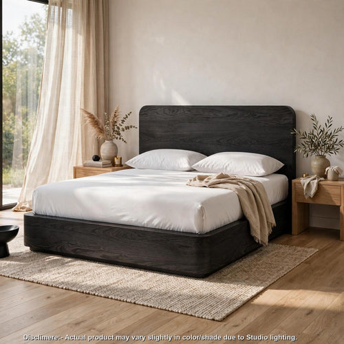 Enola Queen Platform Bed | Waterfall Edges | Jet Black Ash-Mahogany Wood