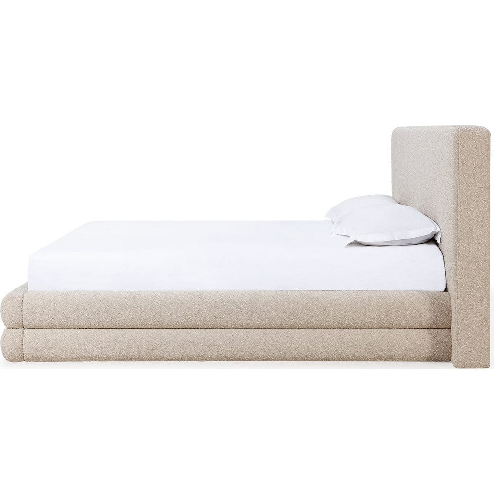 Manny Queen Platform Bed | Stacked Design | Brown Boucle Fabric