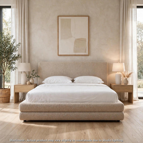 Manny Queen Platform Bed | Stacked Design | Brown Boucle Fabric
