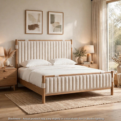 Fiona Queen Upholstered Panel Bed in Ginger Wood | Brown Boucle Fabric