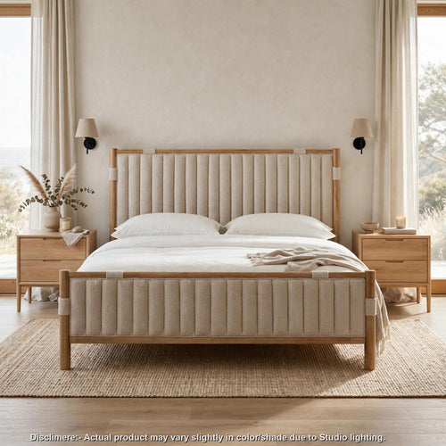 Fiona California King Panel Bed in Ginger Wood | Brown Boucle Fabric