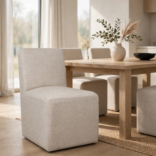Livvy Dining Chair with Pitched Back | Wood | Natural Linen Fabric