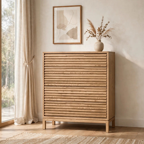 Tammy Tall Dresser Chest | 6 Drawers | Slatted Front Design | Flaxen Wood