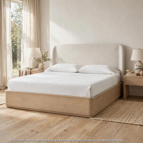 Yati King Platform Bed | Wingback | Beige Linen Upholstery | Buff Cream