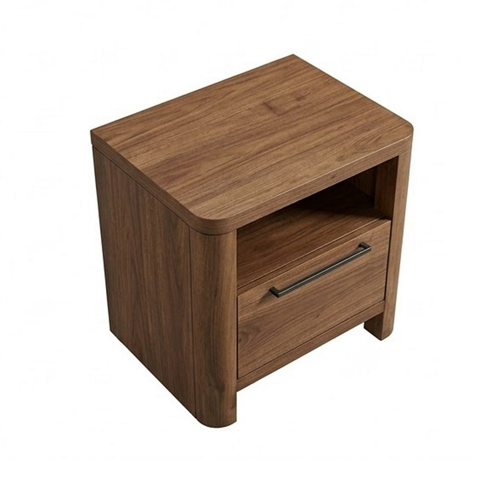 Toyo Nightstand | 1 Drawer and Open Cubby | English Walnut Brown | Black