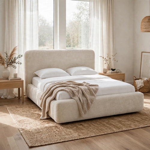 Riyan King Platform Bed | Rounded Edges | Frosty White Corduroy Upholstery