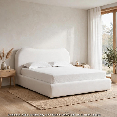 Lony Queen Platform Bed | Curved Headboard | Vanilla White Linen Upholstery