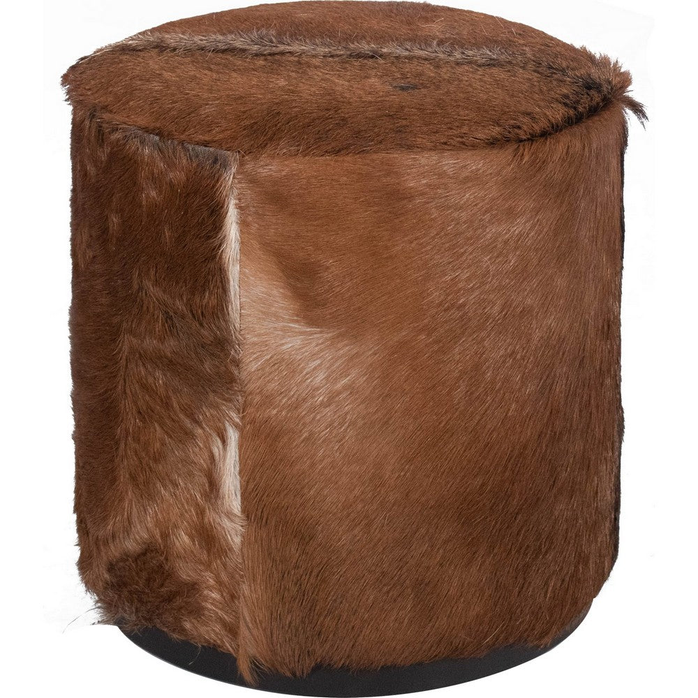 Matty Small Round Ottoman with Acorn Goat Leather | Solid Teak Frame 18"