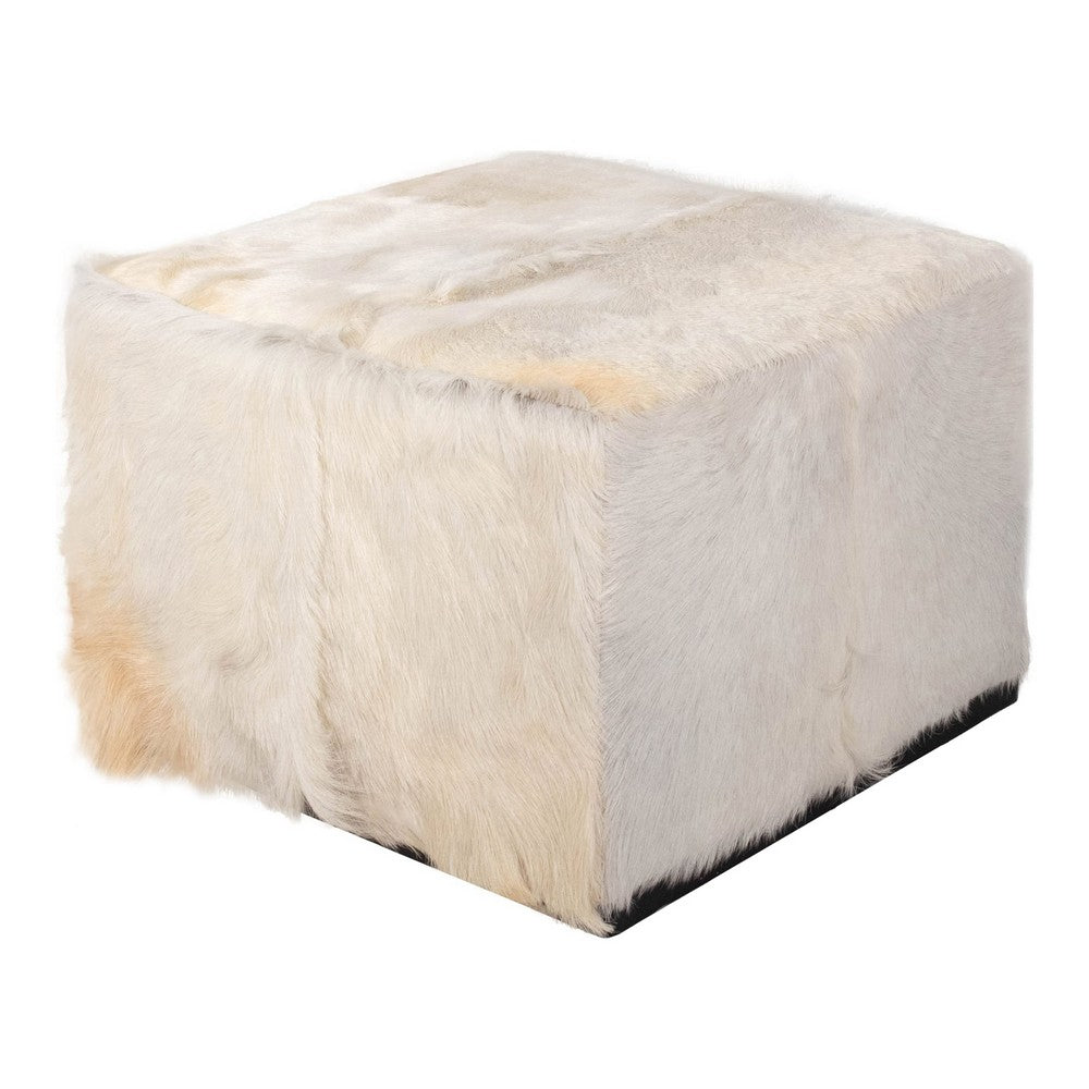 Matty Modern Square Ottoman | Macadamia Goat Leather | Solid Teak Frame 24"