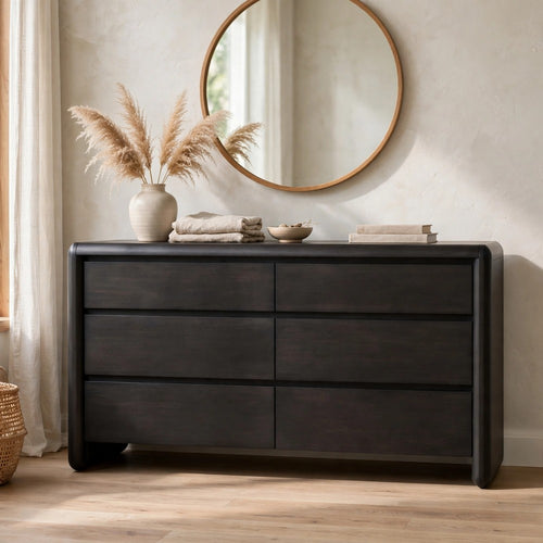 Zanny Wide Dresser with 6 Drawers | Jaguar Black Acacia Wood