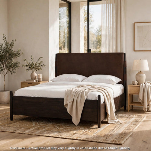 Kevin King-Size Panel Bed with Brown Faux Leather | Minx Acacia Wood