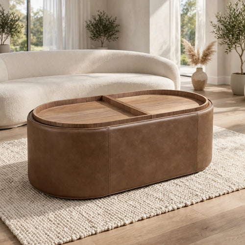Yena Coffee Table | Reversible Tray Tops | Walnut Wood | Faux Leather 46"