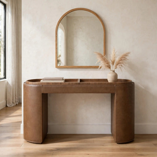 Yena Storage Console Table | Reversible Tray Top | Brown Faux Leather 54"