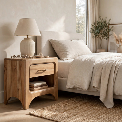Brenda Nightst& with Open Shelf & Drawer | Brioche Acacia Wood