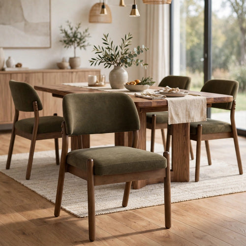 Asher Dining Chair | Barrel Back | Solid Wood | Moss Green Fabric