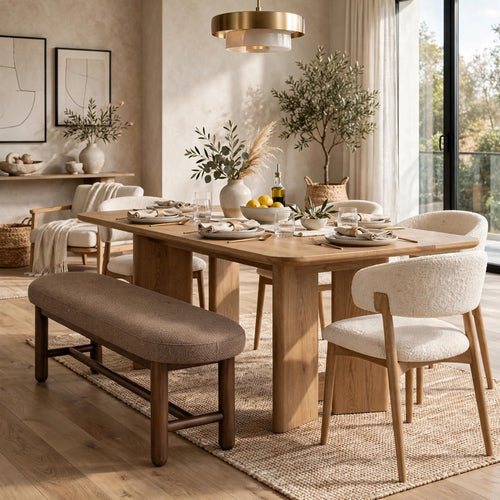 Asher Oval Dining Bench | Linen Fabric Seat | Claystone Brown 60"