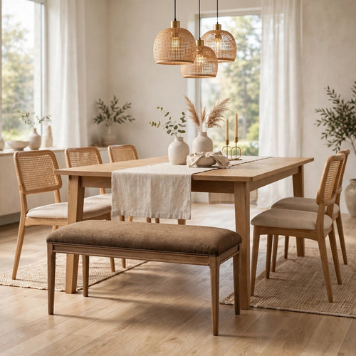 Carlos Dining Bench with Turned Legs | Chenille Seat | Brown Mango Wood 60"
