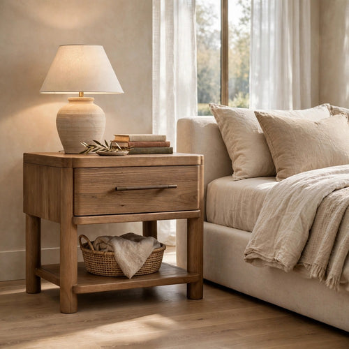 Joa Nightst& for Bedroom | 1 Lower Shelf & Drawer | Brown Rubberwood