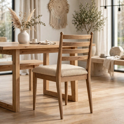 Hoa Dining Side Chair | Ladderback | Brown Chenille Seat | Acacia Wood