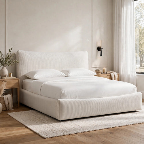 Yuri Queen Platform Bed | Foam Fill Headboard | Ivory Chenille Upholstery