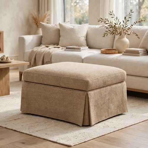 Coly Skirted Ottoman w Storage | Foam Cushion | Tan Brown Chenille 28 "