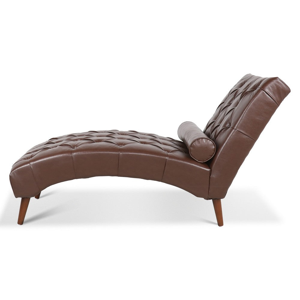 Emery Chaise Lounge with Rolling Pillow | Dark Brown Tufted Faux Leather