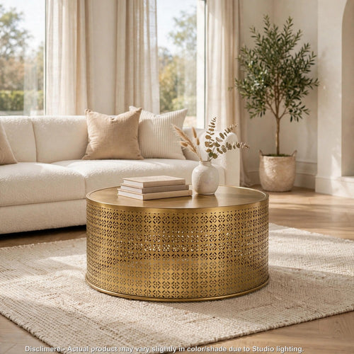 Sammy Round Coffee Table with Cutout Perforated Pattern | Brown Iron 26"