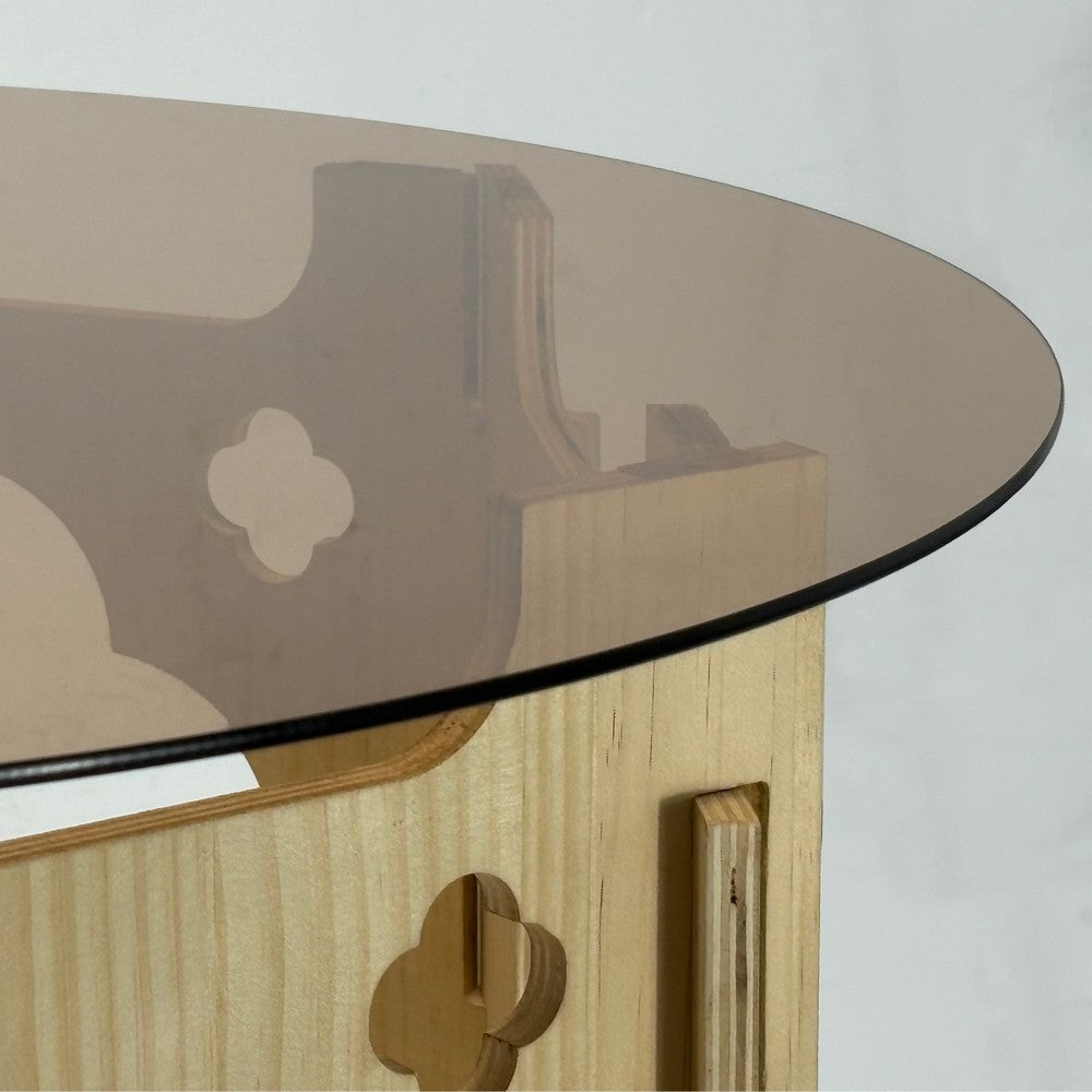 Bekko Round Coffee Table with Glass Top | Carved Natural Wood Base 32"