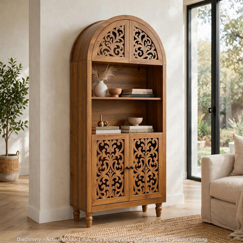Carlos Arched Storage Cabinet | Carved Details | Open Shelves | Walnut 67"