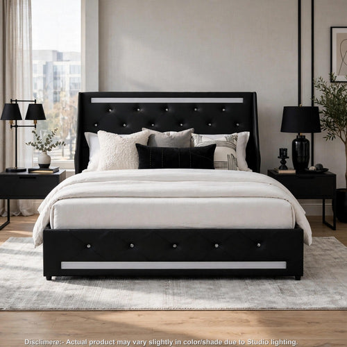 Lesly Storage Full Bed | LED Wingback Headboard | Black Faux Leather