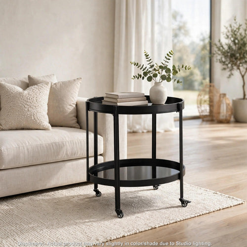 Wyna Serving Bar Cart with Tempered Glass Shelves | Casters | Black Wood 31"