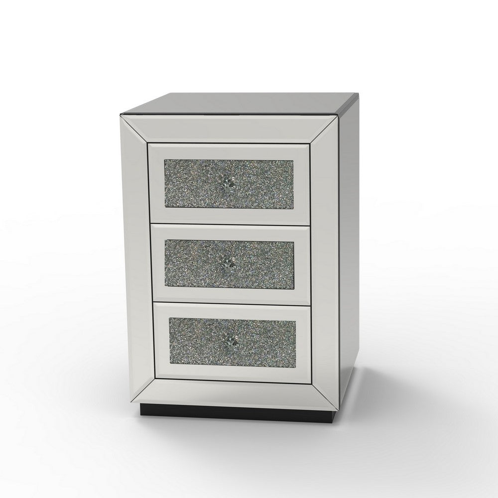 Lily Mirrored Nightstand | 3-Drawers | Glass Front Panels | Silver Wood