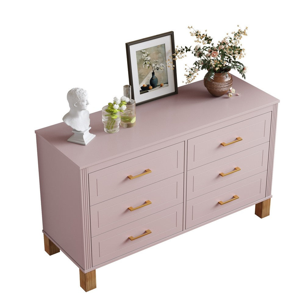 Rique Wide Dresser | 6 Drawers | Brown Wood Legs | Gold Metal Handles | Pink