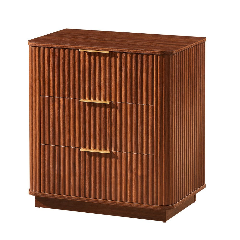 Macky Fluted Wave Nightstand with 3 Drawers | Set of 2 | Walnut Brown