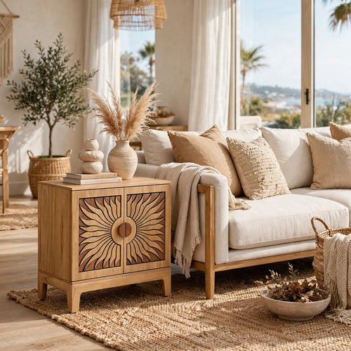Amyra Accent Cabinet with Sunburst Doors and Solid Wood | Natural Oak