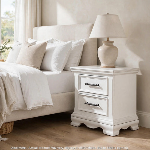 Dovy Nightstand with 2 Drawers | Curved Base | Black Metal | White Wood