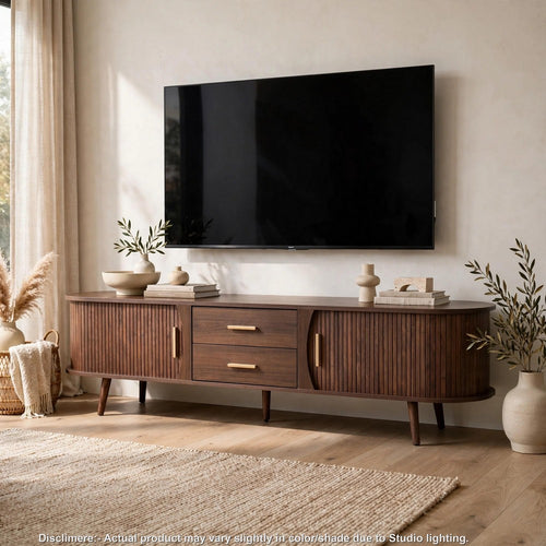 TV Media Cabinet | Fluted Sliding Doors | 2 Drawers | Dark Brown 71"
